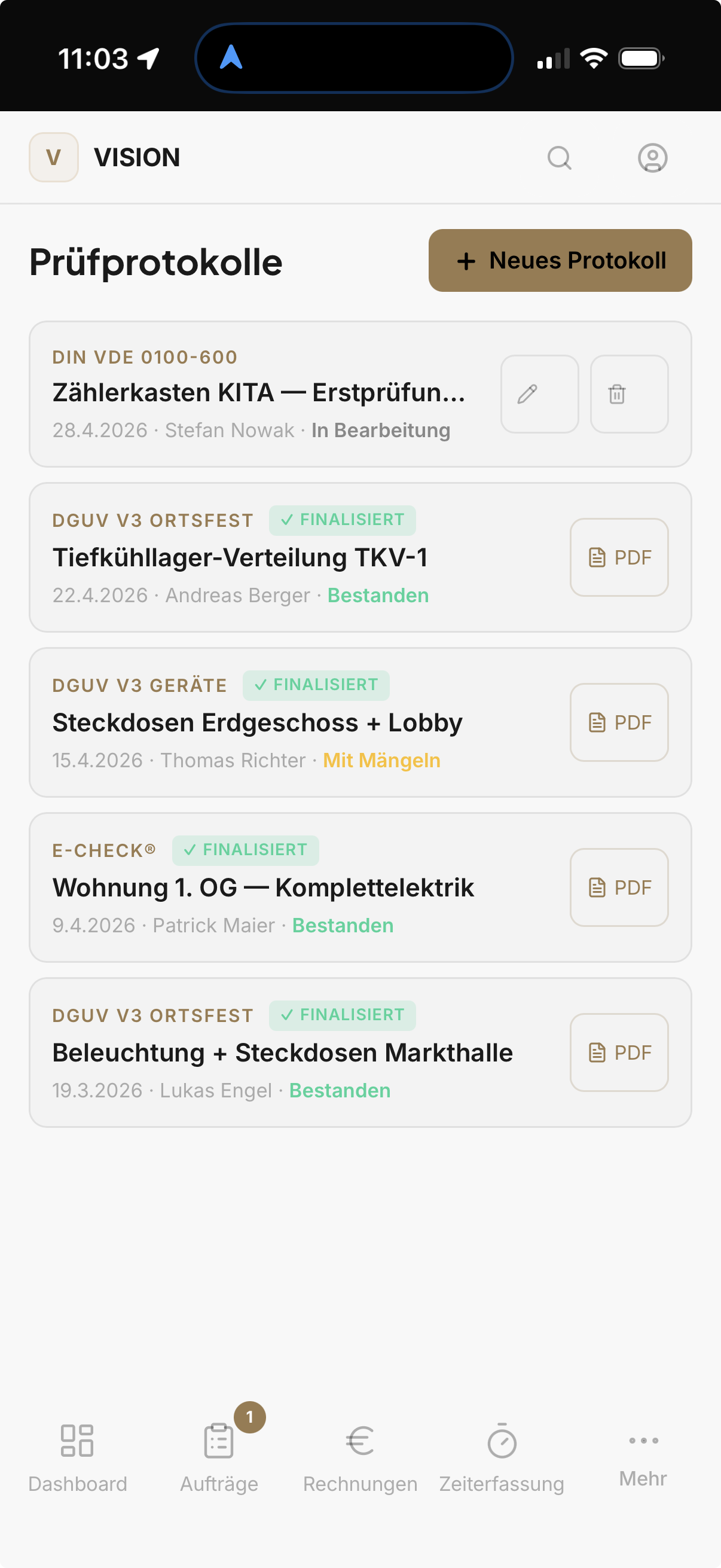 Prüfprotokolle: DGUV V3, E-Check, DIN VDE 0100-600 — alles in der App