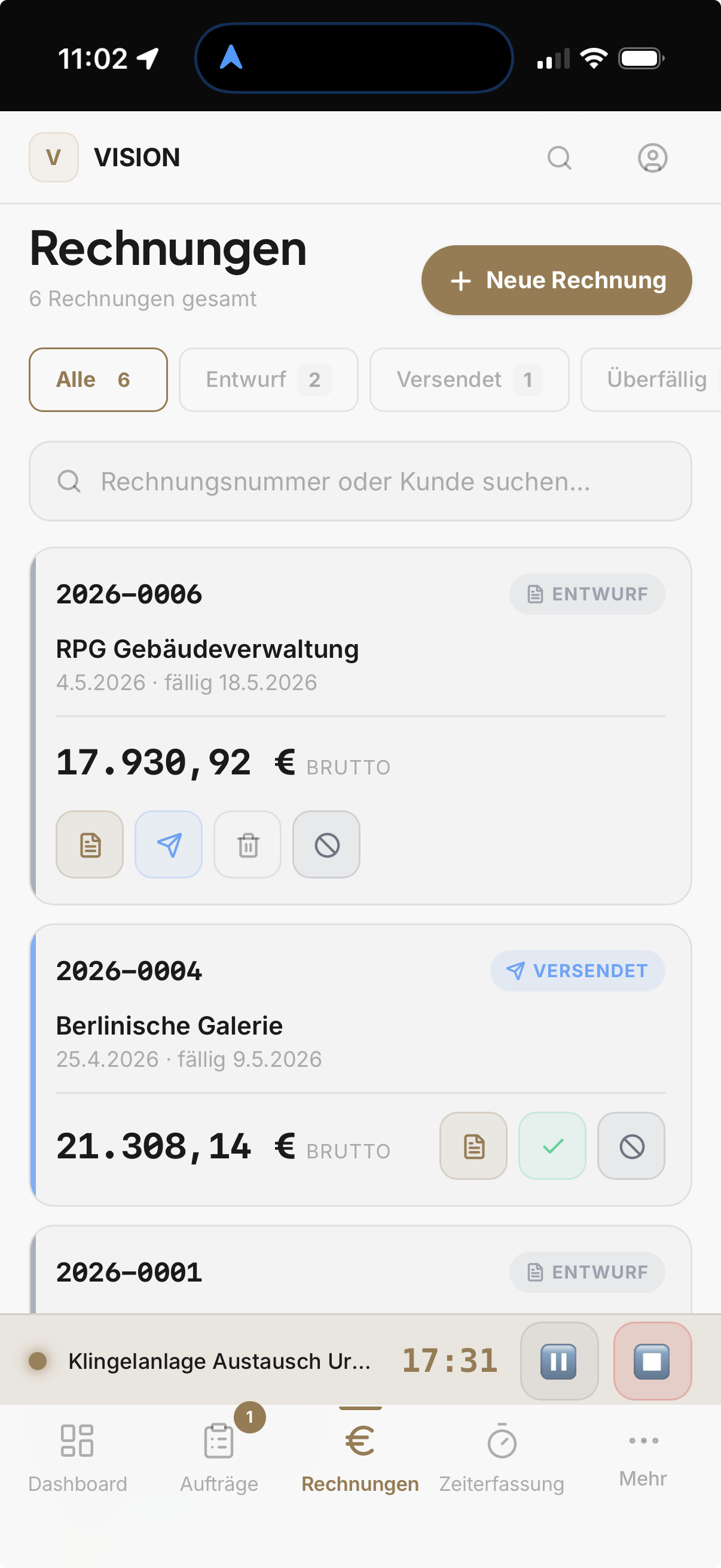 Rechnungs-Übersicht in der App